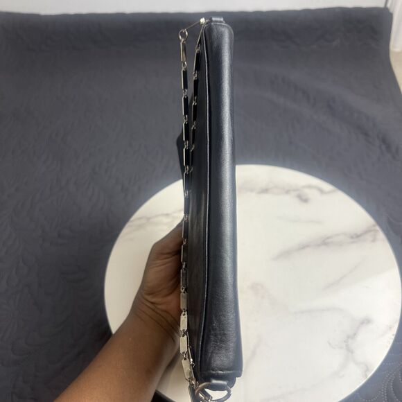 VINTAGE Black Flap Clutch Evening Purse w/Metal Razor Chain Strap Real Leather - Picture 8 of 8